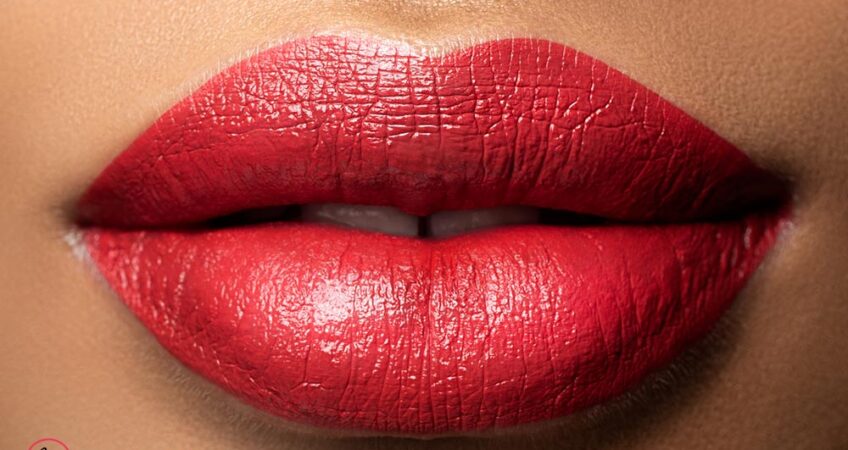 A pair of full lips with scarlet lipstick on them